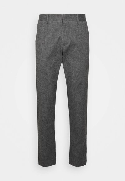 Graue Hose aus strukturiertem Stoff, mit geradem Beinschnitt, Gürtelschlaufen und einem sauberen, maßgeschneiderten Finish.