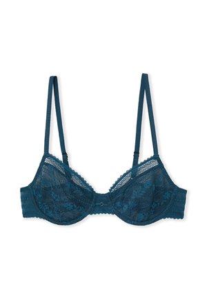 Soutien-gorge en dentelle sarcelle avec motifs floraux, armatures, bretelles réglables et fermeture à agrafes dans le dos.
