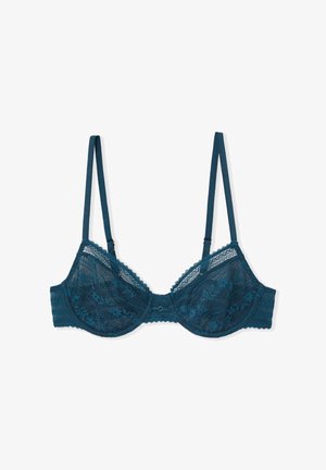 Soutien-gorge en dentelle sarcelle avec motifs floraux, armatures, bretelles réglables et fermeture à agrafes dans le dos.