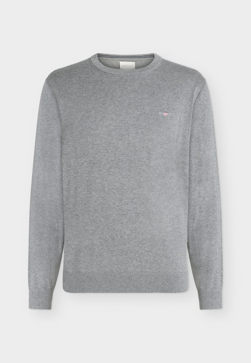 Men's light grey long-sleeve crew neck sweater with small embroidered logo on the left chest and ribbed hem and cuffs.