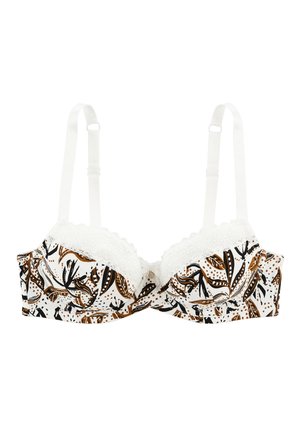 Soutien-gorge avec dentelle blanche, présentant un tissu à motifs dans des tons de marron et de noir sur fond blanc ; bretelles blanches réglables.