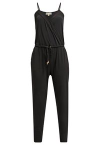 Combinaison noire sans manches avec bretelles spaghetti, corsage croisé, taille réglable avec cordon de serrage, et jambes fuselées.