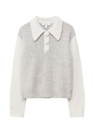 Hellgrau und weißer gestrickter Pullover mit kragenförmigem Ausschnitt, dreiknöpfiger Knopfleiste und gerippten Bündchen. Verfügt über kontrastierende Farbabstimmungen.