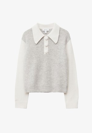 Hellgrau und weißer gestrickter Pullover mit kragenförmigem Ausschnitt, dreiknöpfiger Knopfleiste und gerippten Bündchen. Verfügt über kontrastierende Farbabstimmungen.