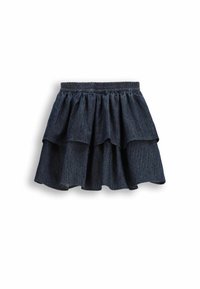 Dżinsowa spódnica z trzema warstwami falban, w ciemnoniebieskim kolorze, z elastycznym pasem i subtelną teksturą w pionowe paski. Casualny i wszechstronny design.