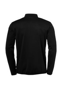 Zwarte lange mouwen jas van gladde stof, met een hoge kraag en geen zichtbare sluitingen of patronen op de achterkant.