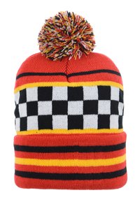 Knit beanie with a pom-pom. Features an orange body, multi-colored stripes, and a checkerboard pattern in black and white.