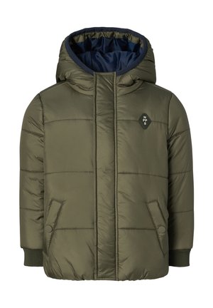 Olive green padded jacket with a hood, featuring a zip closure, side pockets, ribbed cuffs, and a contrasting navy lining.