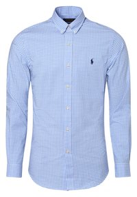 Ljust blå och vit rutmönstrad skjorta med krage som knäpps, långa ärmar och en liten broderad logotyp på bröstet.