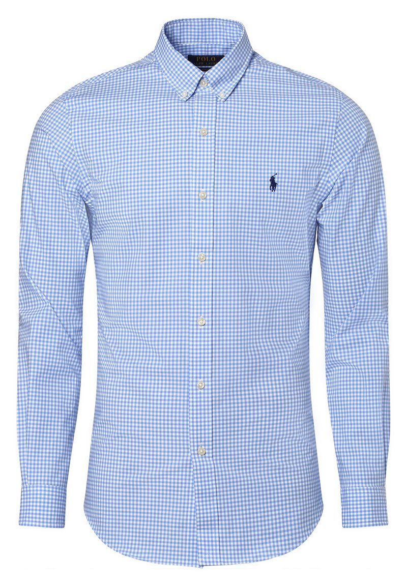 Ljust blå och vit rutmönstrad skjorta med krage som knäpps, långa ärmar och en liten broderad logotyp på bröstet.