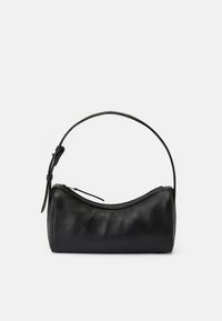 Black leather handbag with a curved silhouette, a top zip closure, and a detachable shoulder strap for versatility. Smooth texture, minimal hardware.