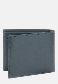 Gray leather wallet with a textured finish, bi-fold design, and visible stitching. Features card slots and a smooth interior.