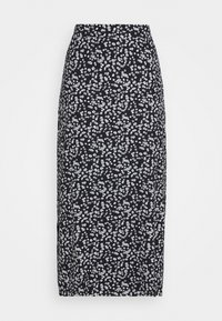 Falda midi negra con pequeño estampado floral blanco, corte recto y cintura alta sobre un fondo claro liso.