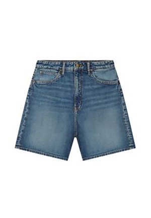 Short en jean avec poches avant, passants pour ceinture, fermeture éclair à l'avant et délavage bleu fané.