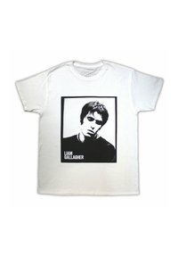 White cotton t-shirt featuring a black and white graphic of a man’s face inside a rectangular frame, with "LIAM GALLAGHER" in bold text below.