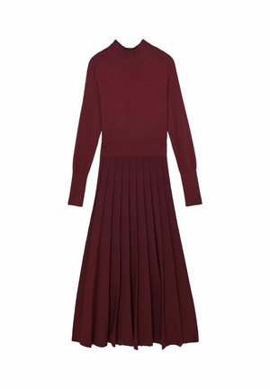 Marloon Langarmkleid mit hohem Kragen, das einen taillierten Oberkörper und einen plissierten Rock aufweist. Weiche Textur und einheitliche Farbe im gesamten Kleid.