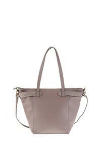 Borsa tote in pelle grigia con doppi manici, tracolla staccabile e bordi superiori piatti. Finitura texturizzata con accenti sottili.