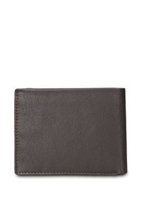 Bruine leren portemonnee met een gestructureerde afwerking, bi-fold ontwerp en gestikte randen. Compact rechthoekig model, zonder zichtbare hardware of accenten.