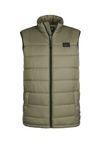 Olivgrüner ärmelloser Puffer-Weste mit gestepptem Design, Frontreißverschluss und Logopatch. Verfügt über Seitentaschen und einen hohen Kragen.