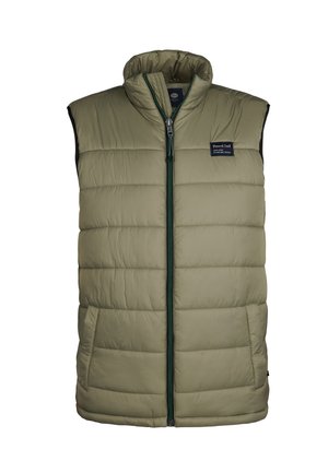 Olivgrüner ärmelloser Puffer-Weste mit gestepptem Design, Frontreißverschluss und Logopatch. Verfügt über Seitentaschen und einen hohen Kragen.