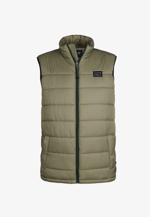 Olivi vihreä hihaton puhviliivi, jossa on tikattu muotoilu, vetoketju edessä ja logopatch. Varustettu sivutaskuilla ja korkealla kauluksella.