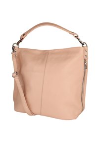 Schoudertas van perzikleer met een gestructureerde afwerking, enkele bovenkantgreep, verstelbare riem en een zijritsendetail.