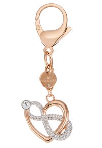 Portachiavi in oro rosa con intrecci di cuori e design infinito, adornato con accenti in cristallo trasparente e un piccolo dettaglio di orologio.
