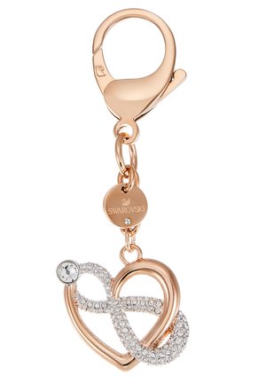Rose gold keychain featuring intertwined hearts and infinity design, adorned with clear crystal accents and a small watch detail.