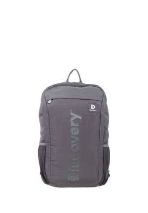 Gray Discovery branded backpack with a front zipper pocket, mesh side pockets, and a top carrying handle.