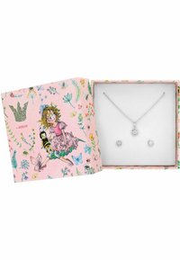 Silberne Halskette und Steckerohrringe in einer rosa gemusterten Schachtel mit floralen Designs und verspielten Illustrationen. Die Schachtel ist teilweise geöffnet.