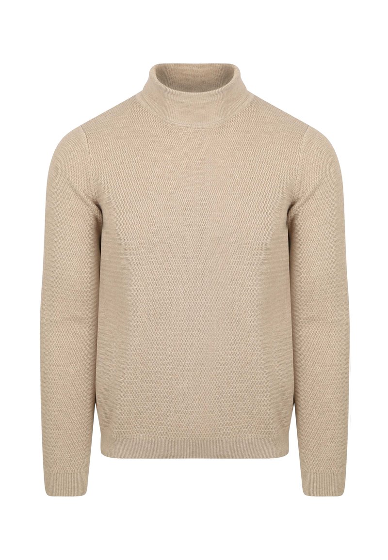 Beige gestrickter Rollkragenpullover mit langen Ärmeln sowie gerippten Bündchen und Saum, auf einem schlichten weißen Hintergrund präsentiert.