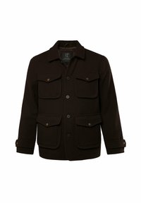 Chaqueta de lana marrón con cuello estándar, cierre frontal de botones, cuatro bolsillos frontales y puños ajustables con botones.