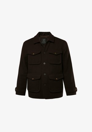 Braune Wolljacke mit standarisiertem Kragen, Knopfverschluss vorne, vier Fronttaschen und verstellbaren Manschetten mit Knöpfen.