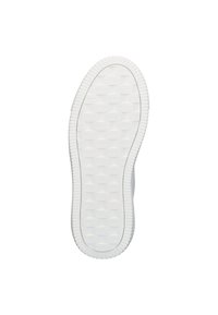 Semelle extérieure en caoutchouc blanc avec motif texturé et bords rainurés, présentant un logo en relief au centre et une finition globalement lisse.