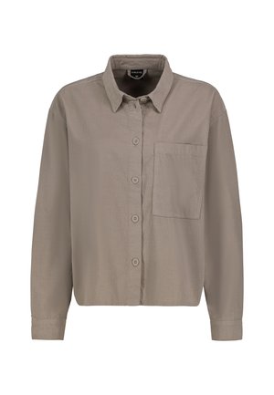 Light grey button-up shirt, long sleeves, made of soft fabric, featuring a chest pocket and a classic collar. Smooth texture throughout.