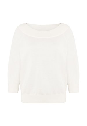 Witte gebreide trui met brede ronde hals, driekwartmouwen en geribde manchetten en zoom.