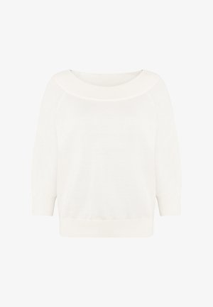 Maglione bianco lavorato a maglia con ampia scollatura rotonda, maniche a tre quarti e polsini e orlo a coste.