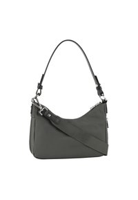 Borsa a spalla in nylon grigia con forma curvata, tracolla in tessuto removibile, metalleria argentata e chiusura con zip. Esterno strutturato con dettagli lisci.