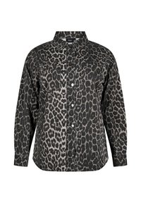 Leopardenmusterhemd in Schwarz und Grau, mit einer Knopfleiste vorne, zwei Brusttaschen und langen Ärmeln mit Knopfmanschetten.