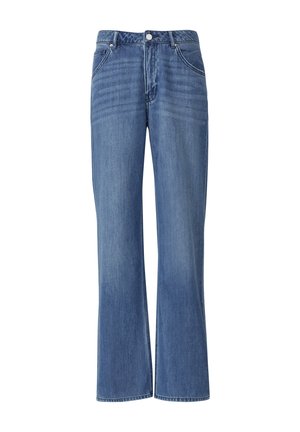 Jeans en denim bleu à jambes larges avec une finition décolorée, design à cinq poches et taille structurée avec fermeture à bouton et zip.