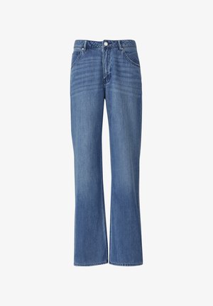 Wijde blauwe denim jeans met een vervaagde afwerking, vijf zakken ontwerp en een gestructureerde tailleband met knoop- en ritsluiting.