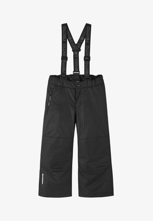 Schwarze Schneehose mit verstellbaren Trägern, ausgestattet mit einer Reißverschlusstasche und einem reflektierenden Akzent. Hergestellt aus wasserfestem Material.