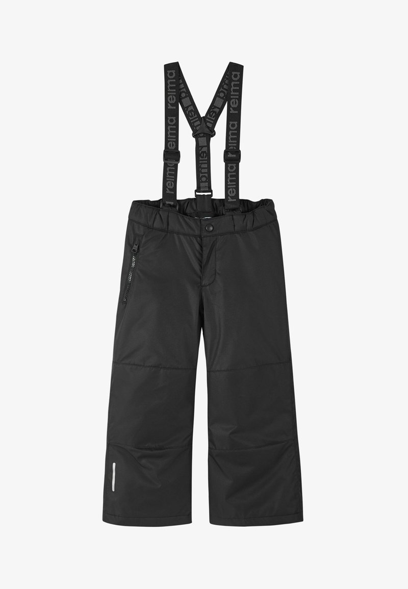 Zwarte sneeuwbroek met verstelbare bretels, voorzien van een ritszak en een reflecterende accent. Gemaakt van een waterdicht materiaal.