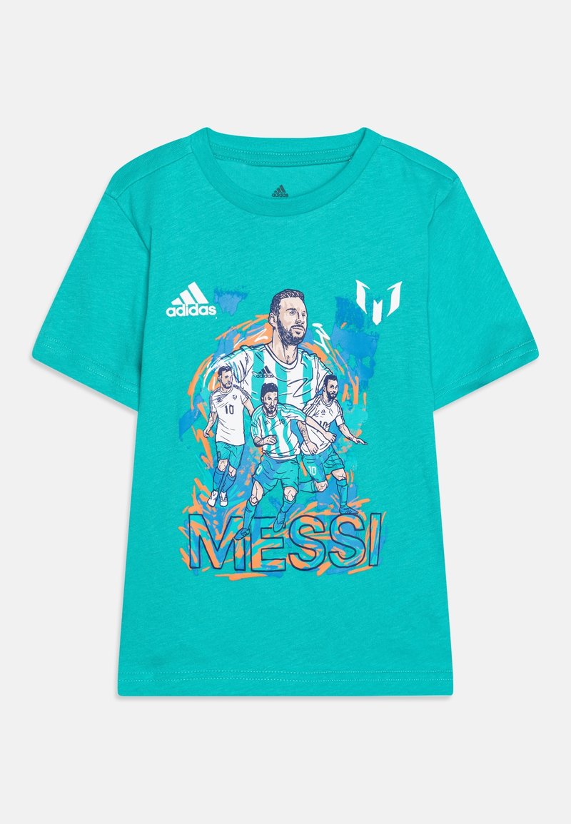 Teal bomulds T-shirt med et farverigt grafisk print af en fodboldspiller med navnet "MESSI" i fed tekst nederst.