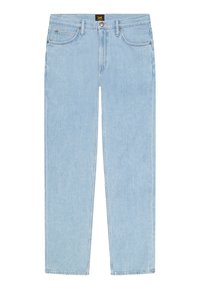 Vaqueros azul claro de pierna recta con cinco bolsillos, trabillas para cinturón, cierre de botón y etiqueta de la marca Lee en la cintura.