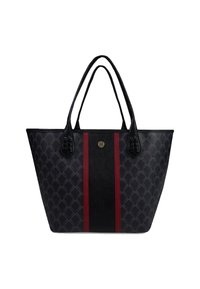 Svart tote-väska med diamantmönster, med ett brett centralt svart rand och röda detaljer. Slät yta med dubbla handtag.