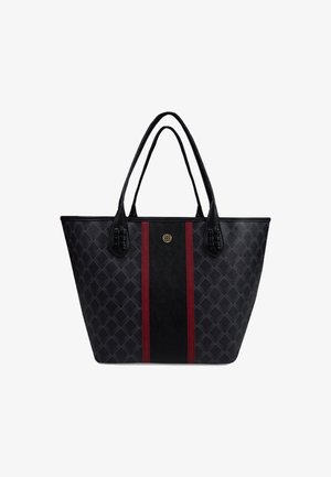 Zwarte totebag met een ruitpatroon, voorzien van een verticale rode en zwarte streep in het midden en dubbele zwarte handvatten.