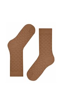 Braune Socken mit einem strukturierten Muster, das Wellen ähnelt. Sie verfügen über gerippte Bündchen und eine glatte Oberfläche. Geeignet für die Freizeit.