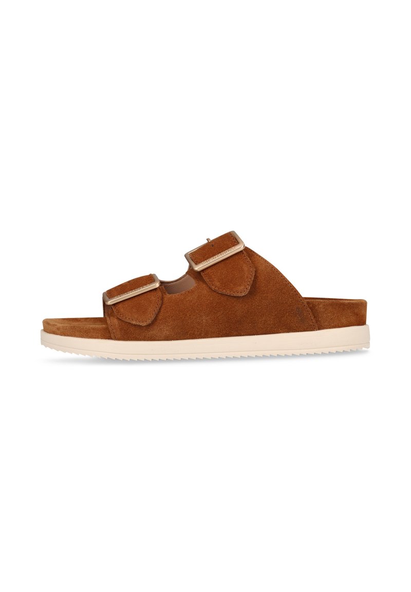 Brown suede sandals with two adjustable straps and a white rubber sole. Open-toe design and a flat footbed for comfort.