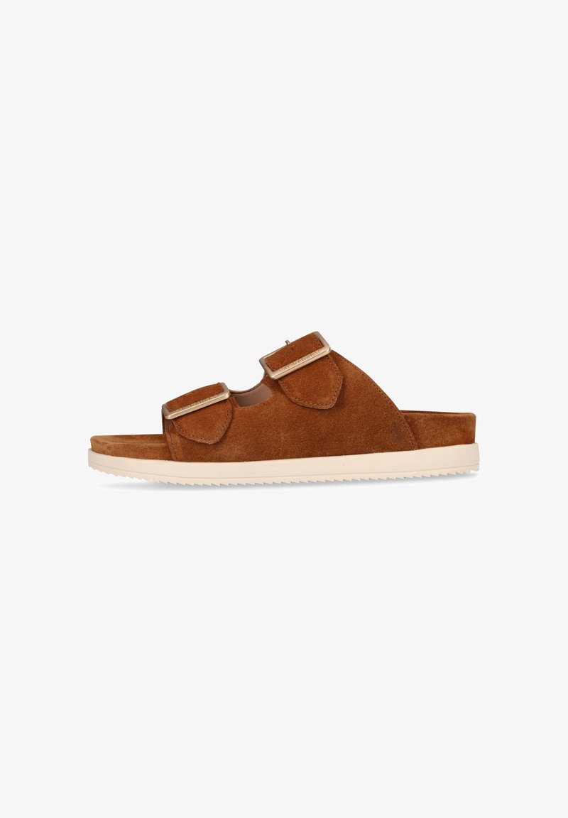 Sandali in suede marrone con due cinturini regolabili e suola in gomma bianca. Design aperto sulla punta e plantare piatto per il comfort.
